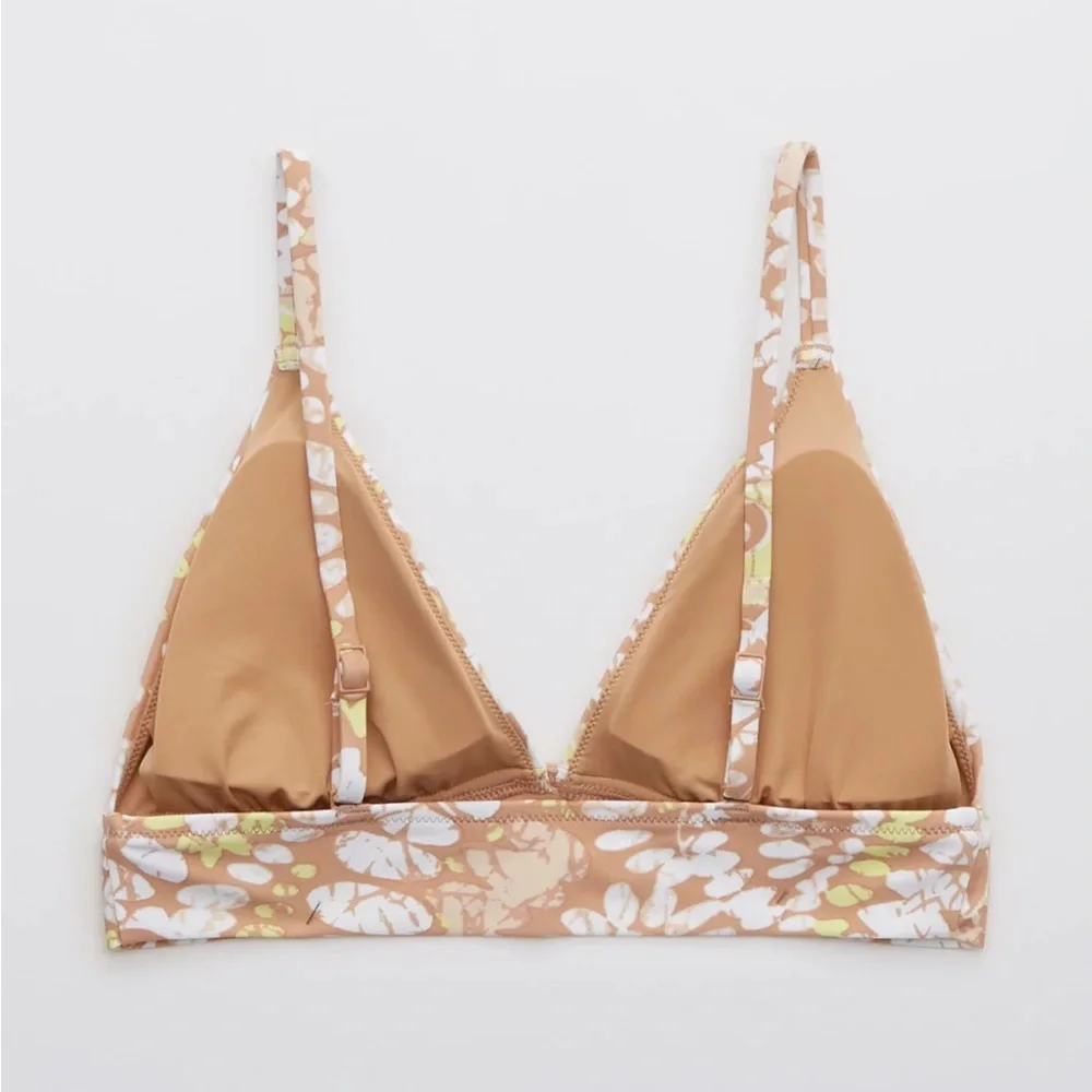 Aerie Sands Tan White Floral Print Crossover Triangle Bikini Top Size Medium - Picture 4 of 9